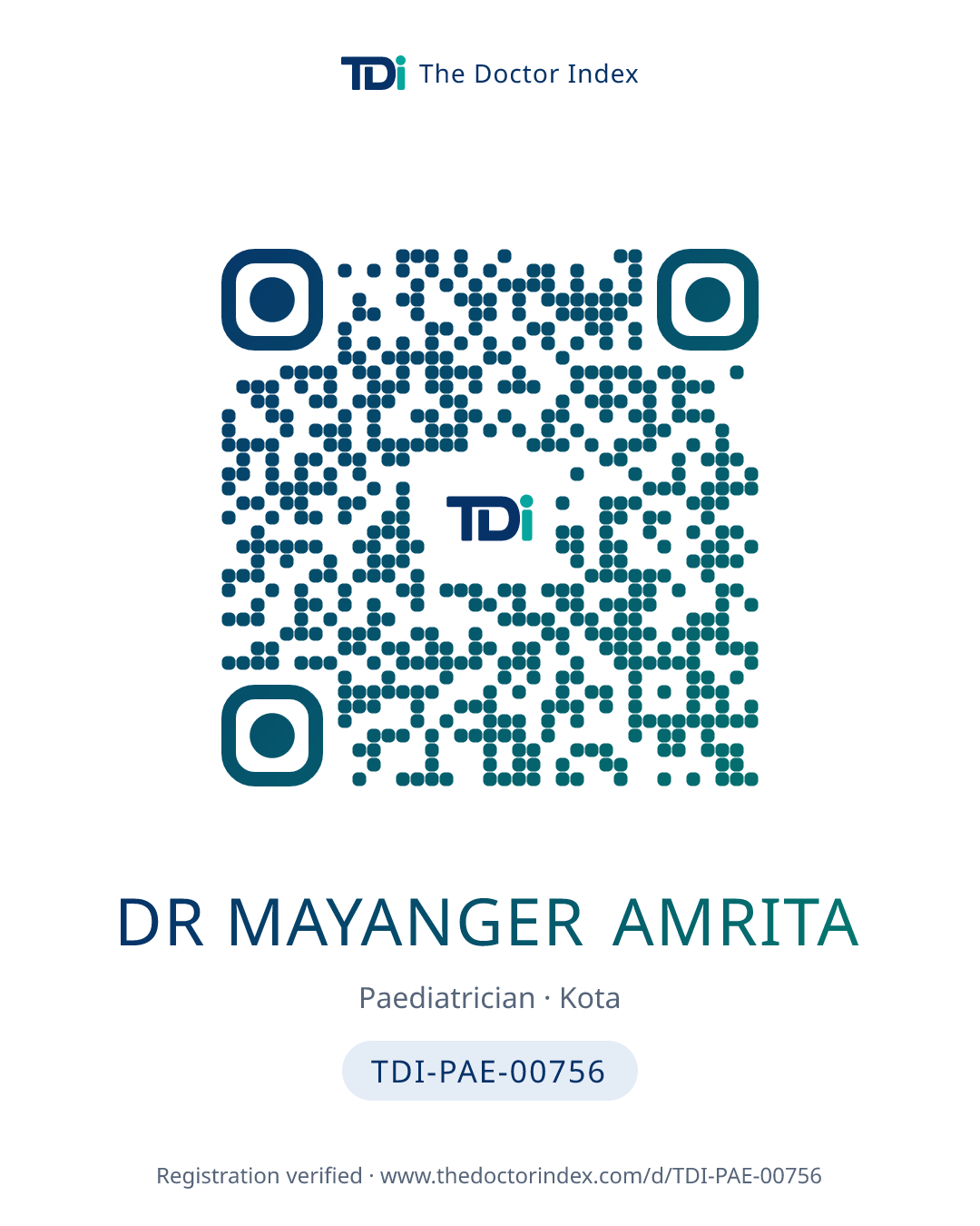 QR card for Dr Mayanger Amrita, TDI-PAE-00756