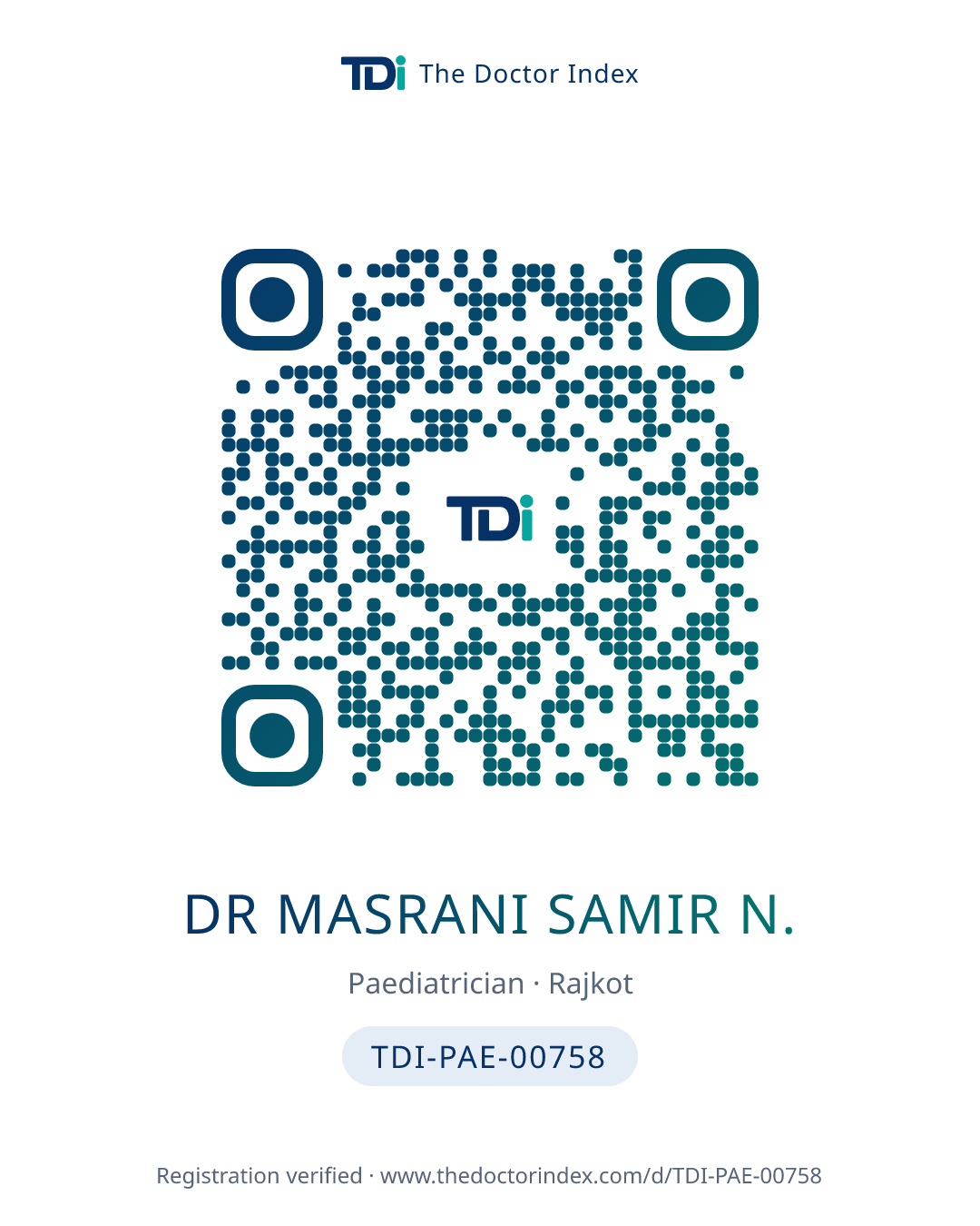 QR card for Dr Masrani Samir N., TDI-PAE-00758