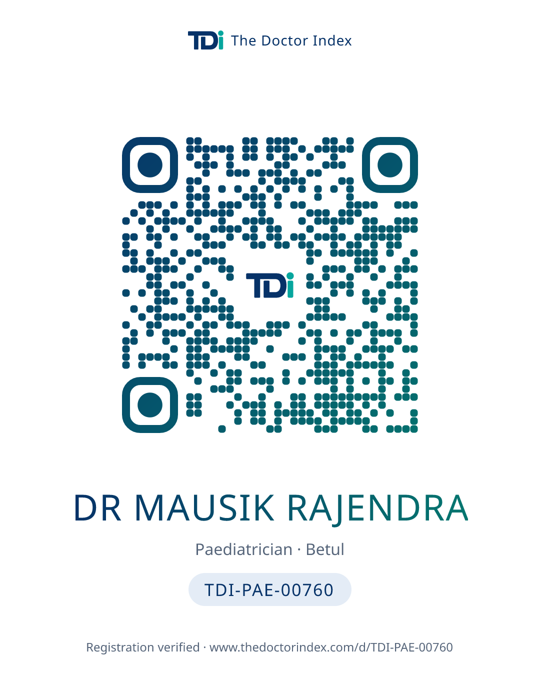 QR card for Dr Mausik Rajendra, TDI-PAE-00760