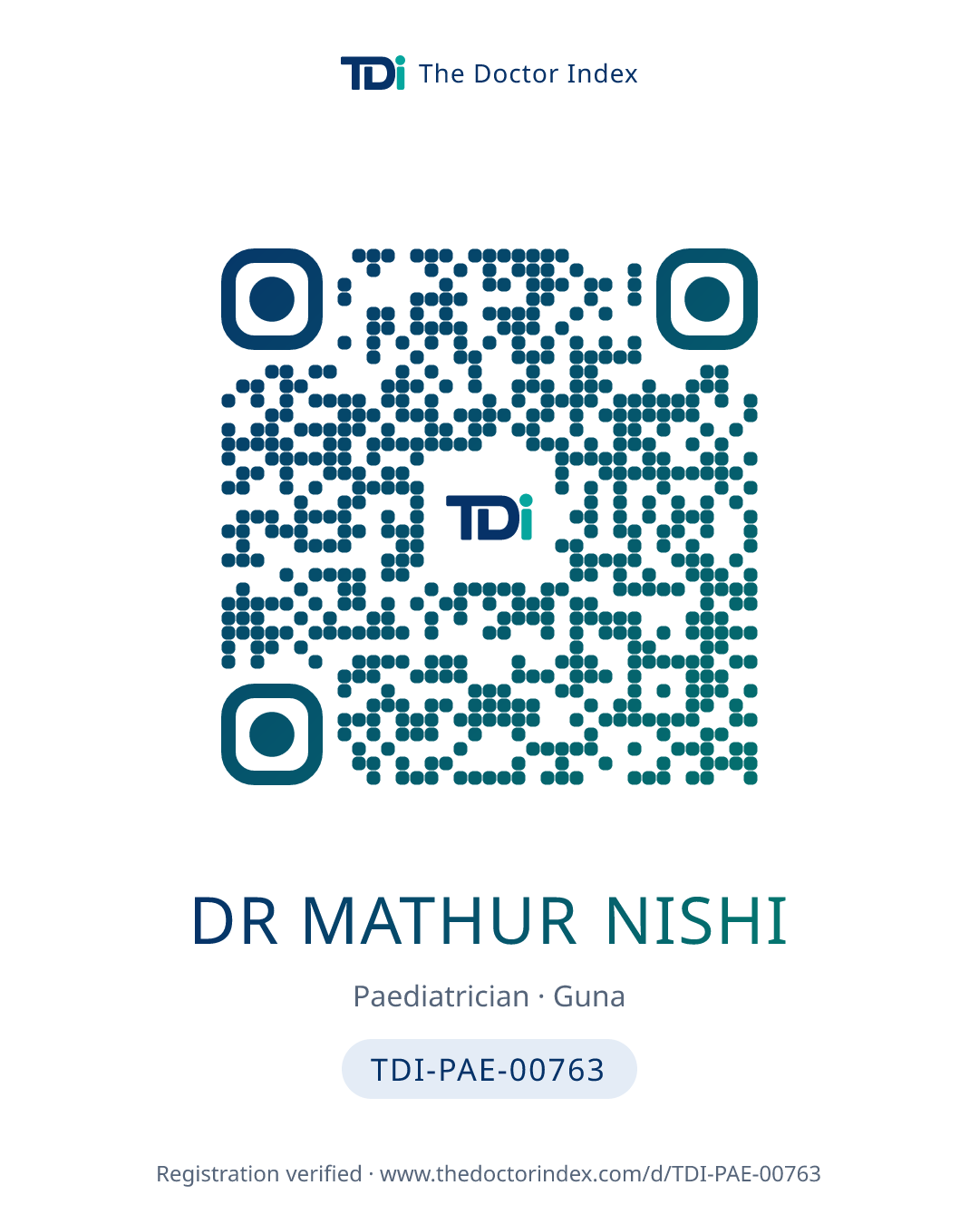 QR card for Dr Mathur Nishi, TDI-PAE-00763