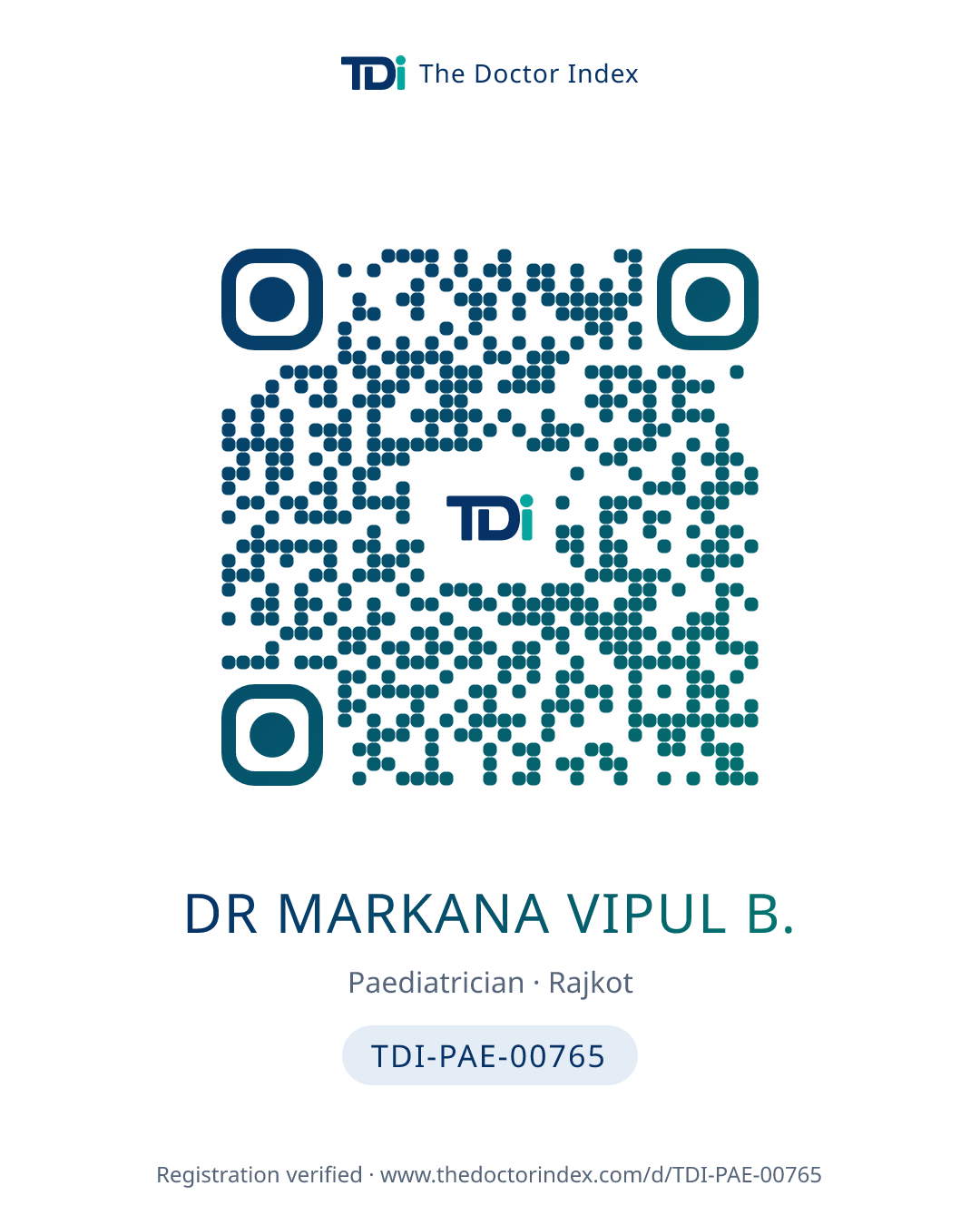 QR card for Dr Markana Vipul B., TDI-PAE-00765