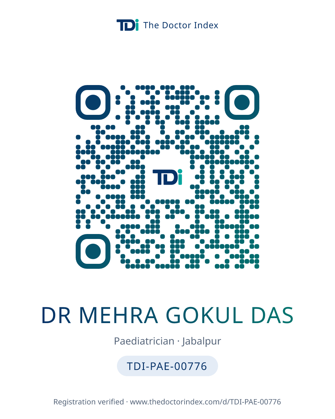 QR card for Dr Mehra Gokul Das, TDI-PAE-00776