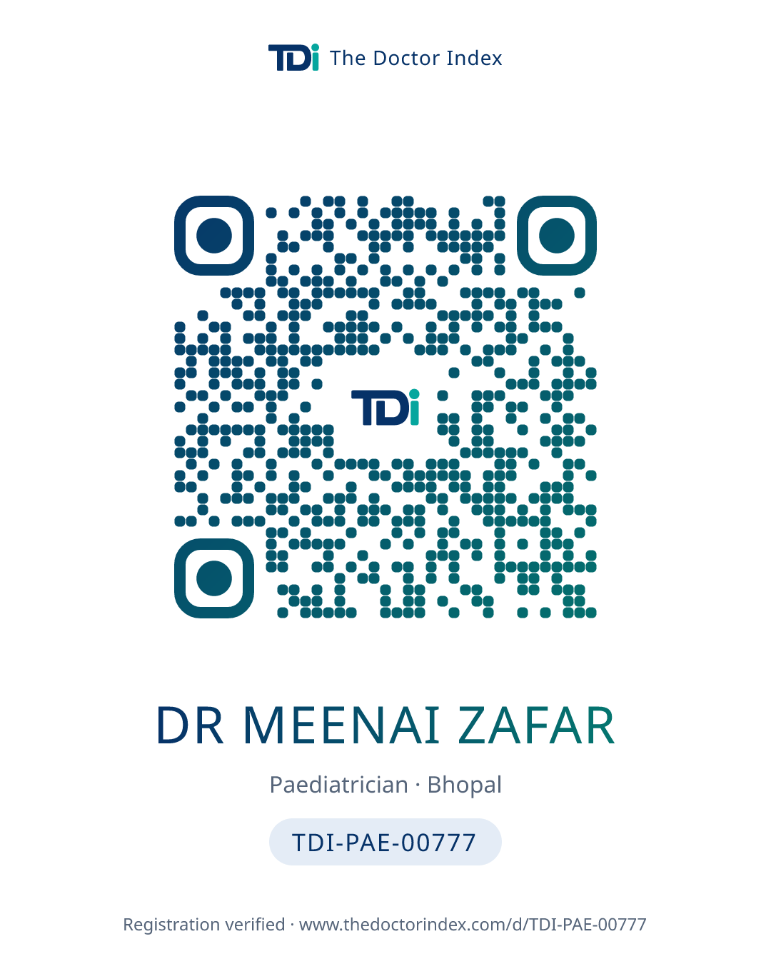 QR card for Dr Meenai Zafar, TDI-PAE-00777