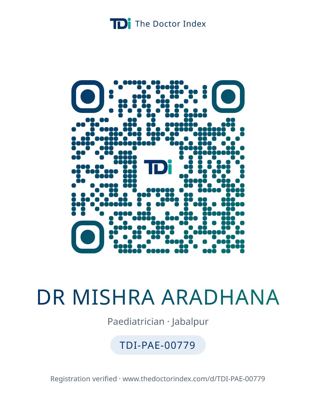 QR card for Dr Mishra Aradhana, TDI-PAE-00779