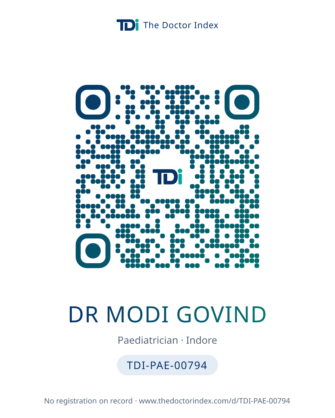QR card for Dr Modi Govind, TDI-PAE-00794