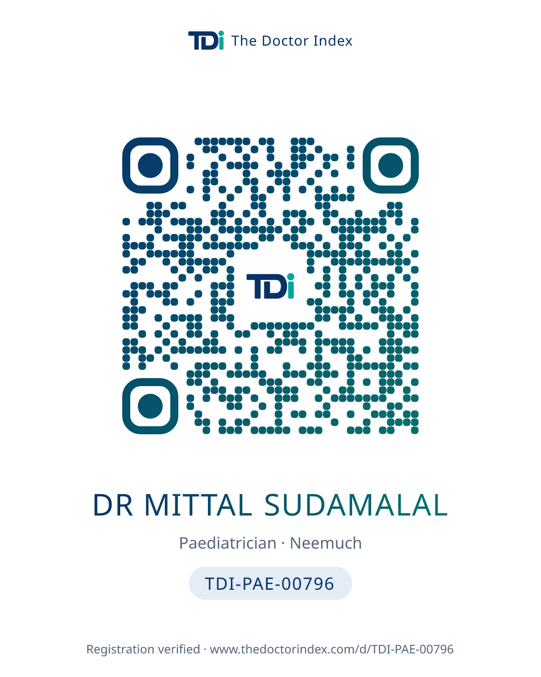 QR card for Dr Mittal Sudamalal, TDI-PAE-00796