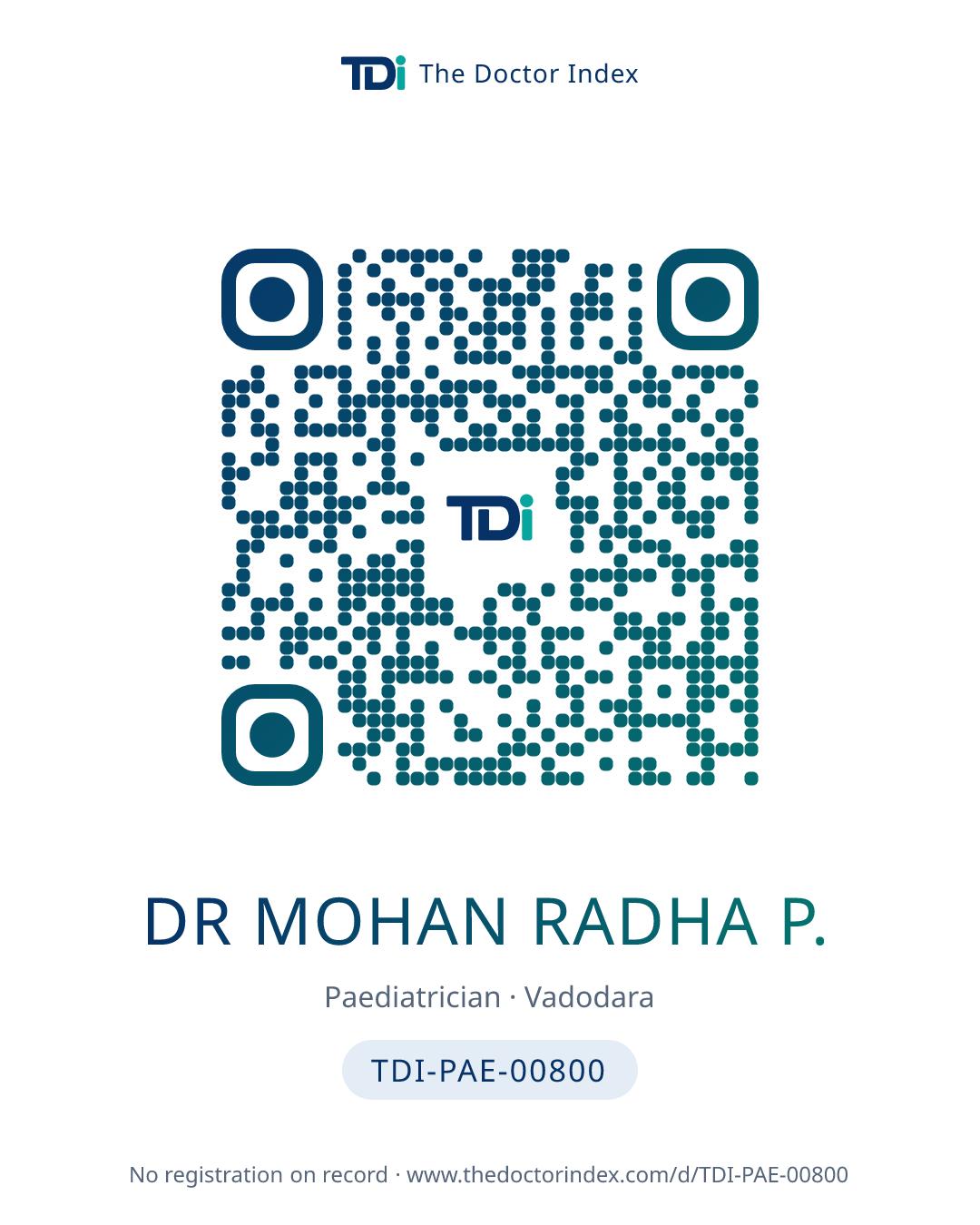 QR card for Dr Mohan Radha P., TDI-PAE-00800