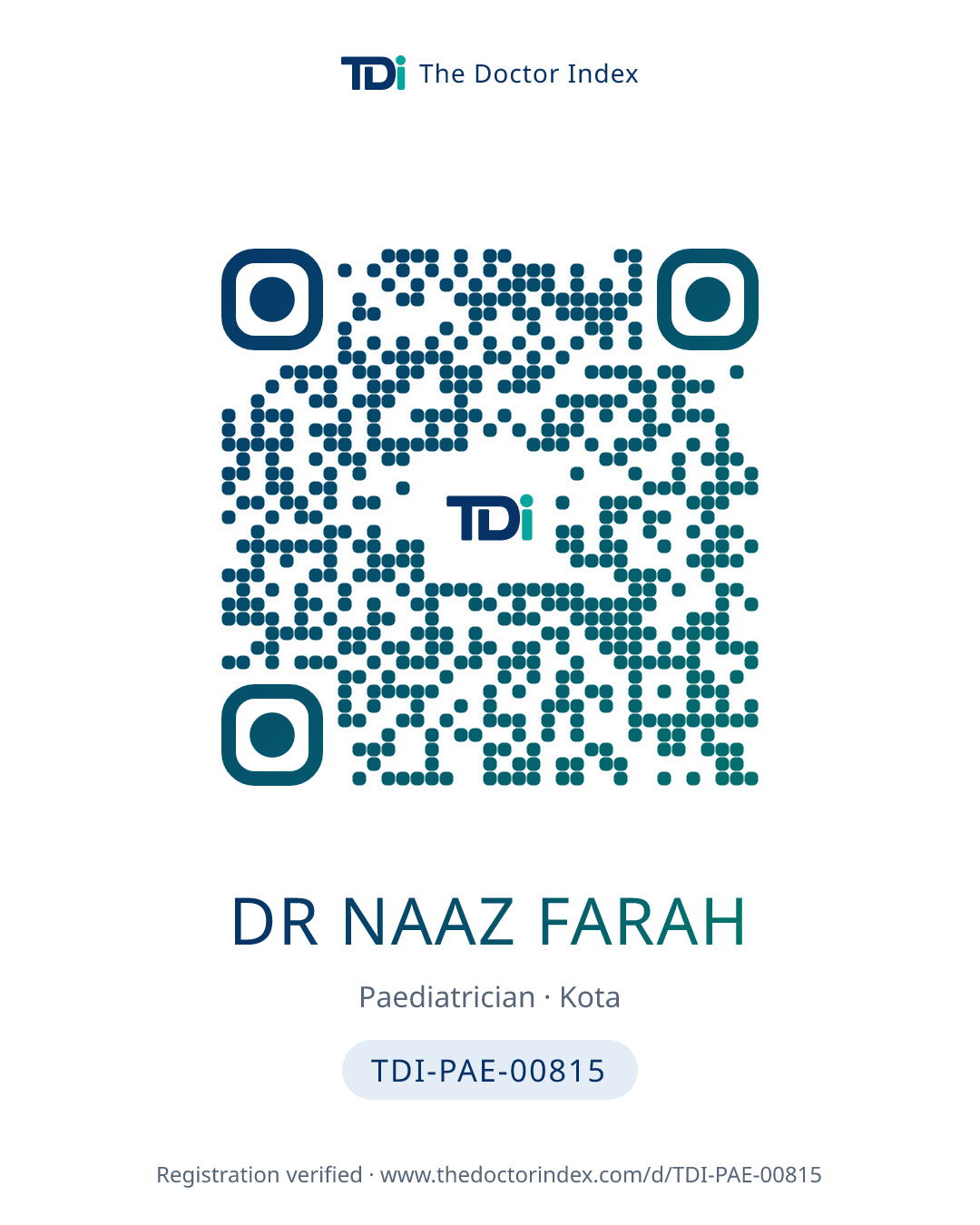 QR card for Dr Naaz Farah, TDI-PAE-00815
