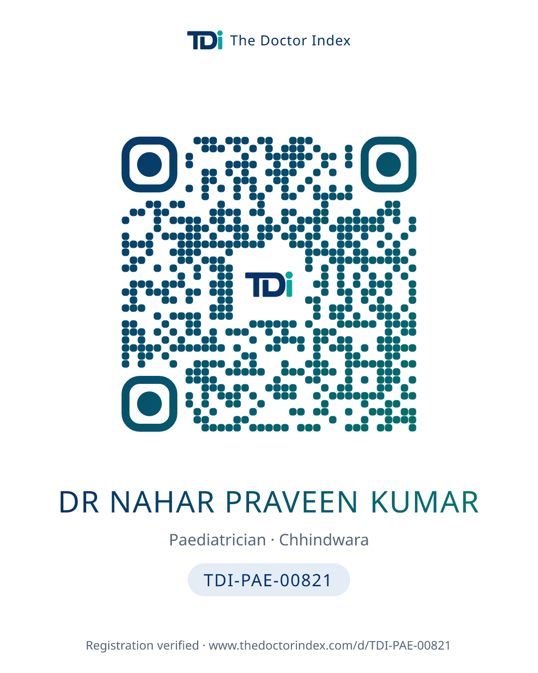 QR card for Dr Nahar Praveen Kumar, TDI-PAE-00821