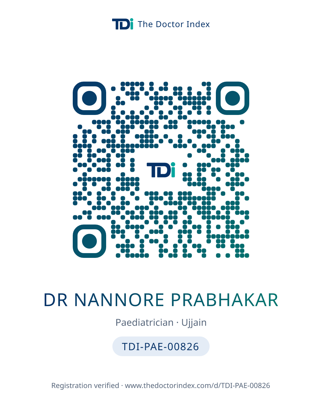 QR card for Dr Nannore Prabhakar, TDI-PAE-00826