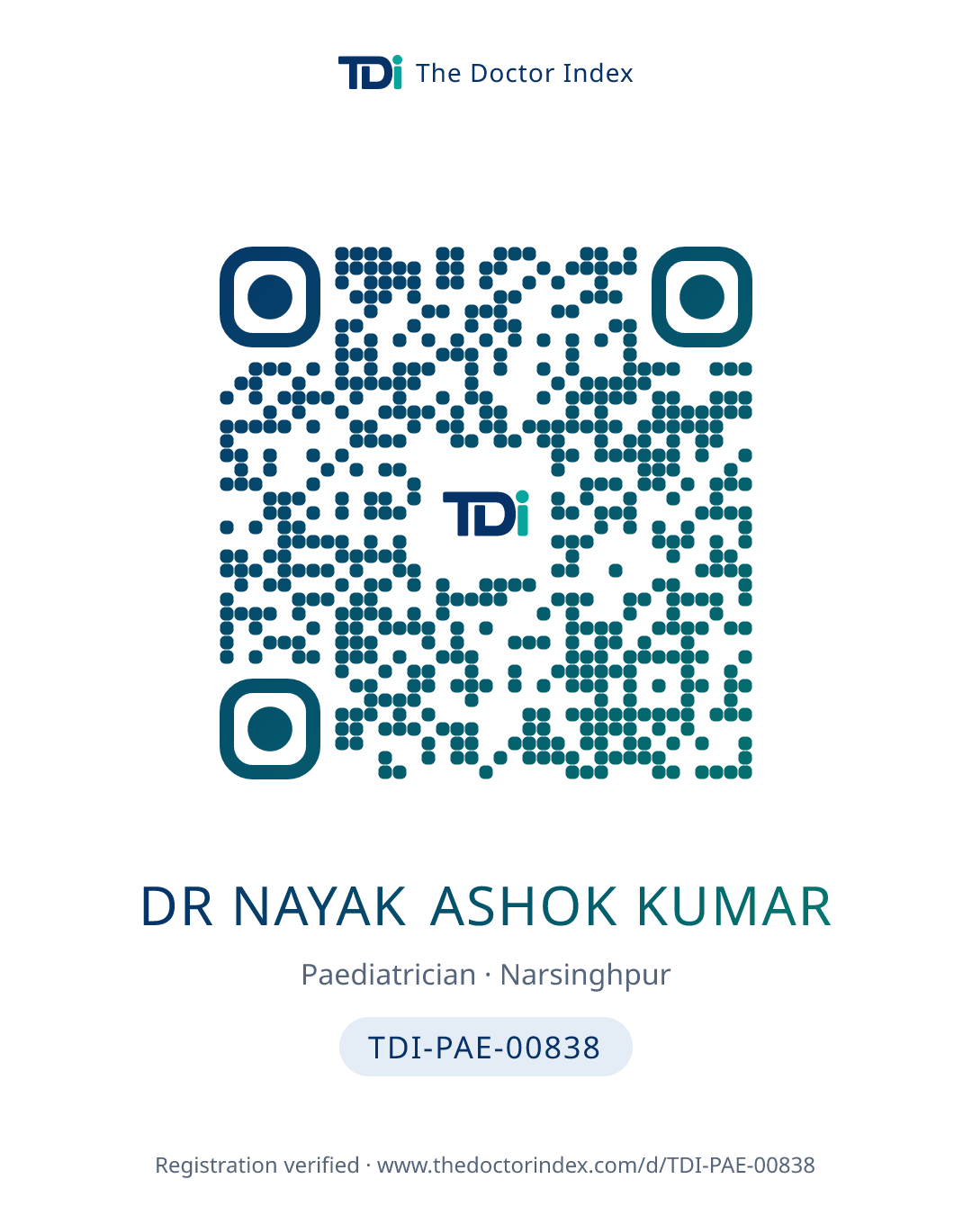 QR card for Dr Nayak Ashok Kumar, TDI-PAE-00838