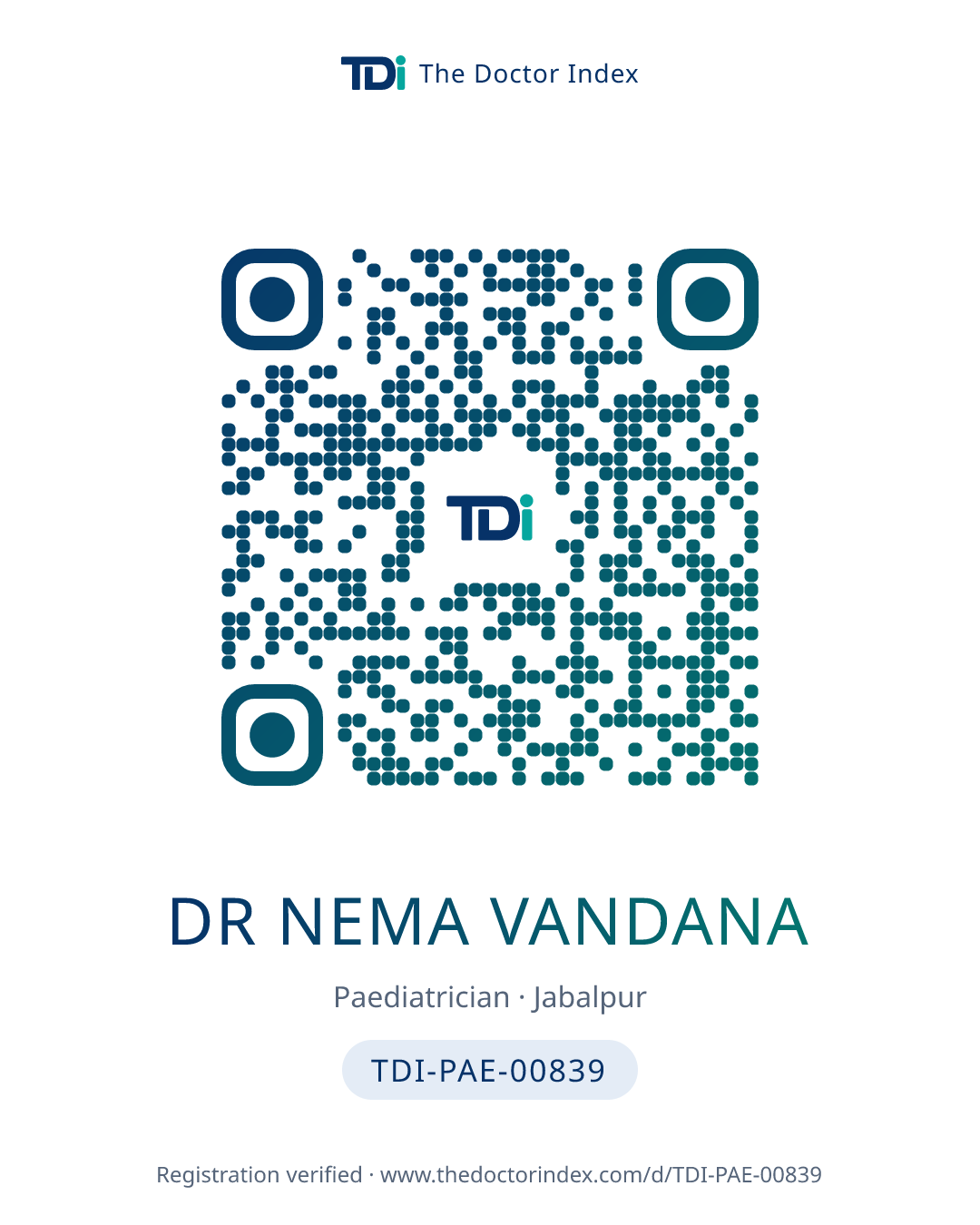 QR card for Dr Nema Vandana, TDI-PAE-00839