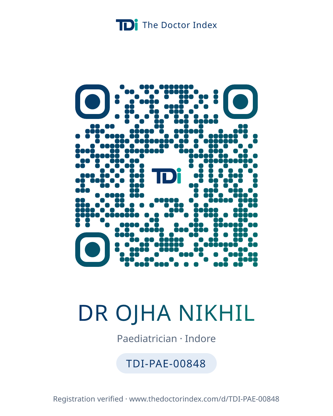 QR card for Dr Ojha Nikhil, TDI-PAE-00848