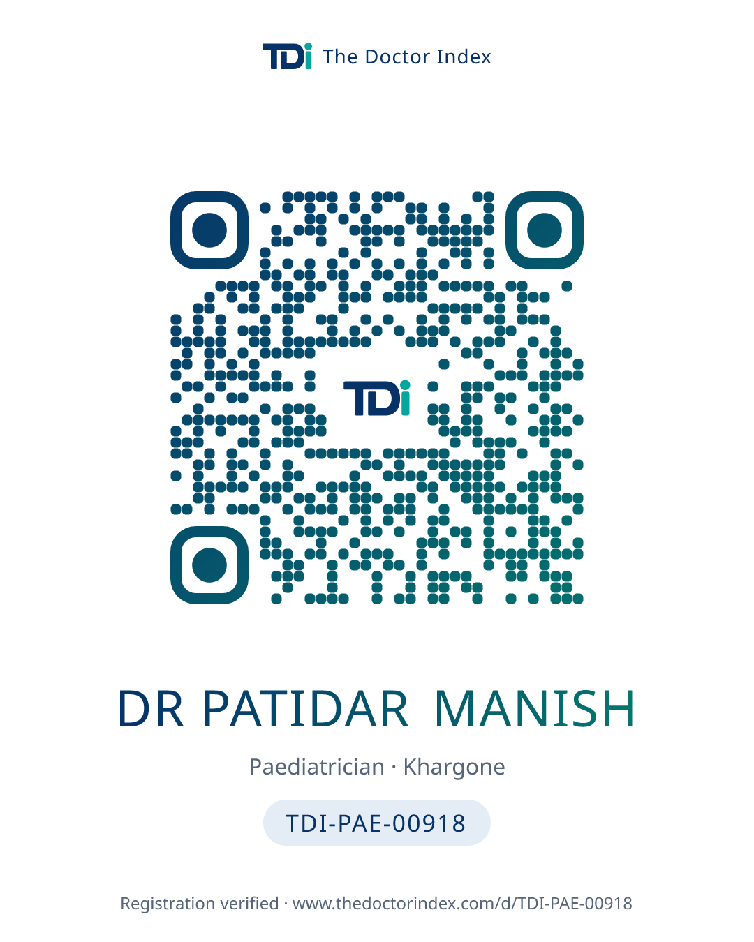 QR card for Dr Patidar Manish, TDI-PAE-00918