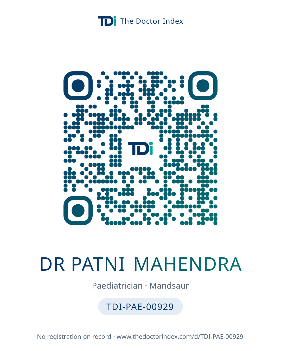 QR card for Dr Patni Mahendra, TDI-PAE-00929