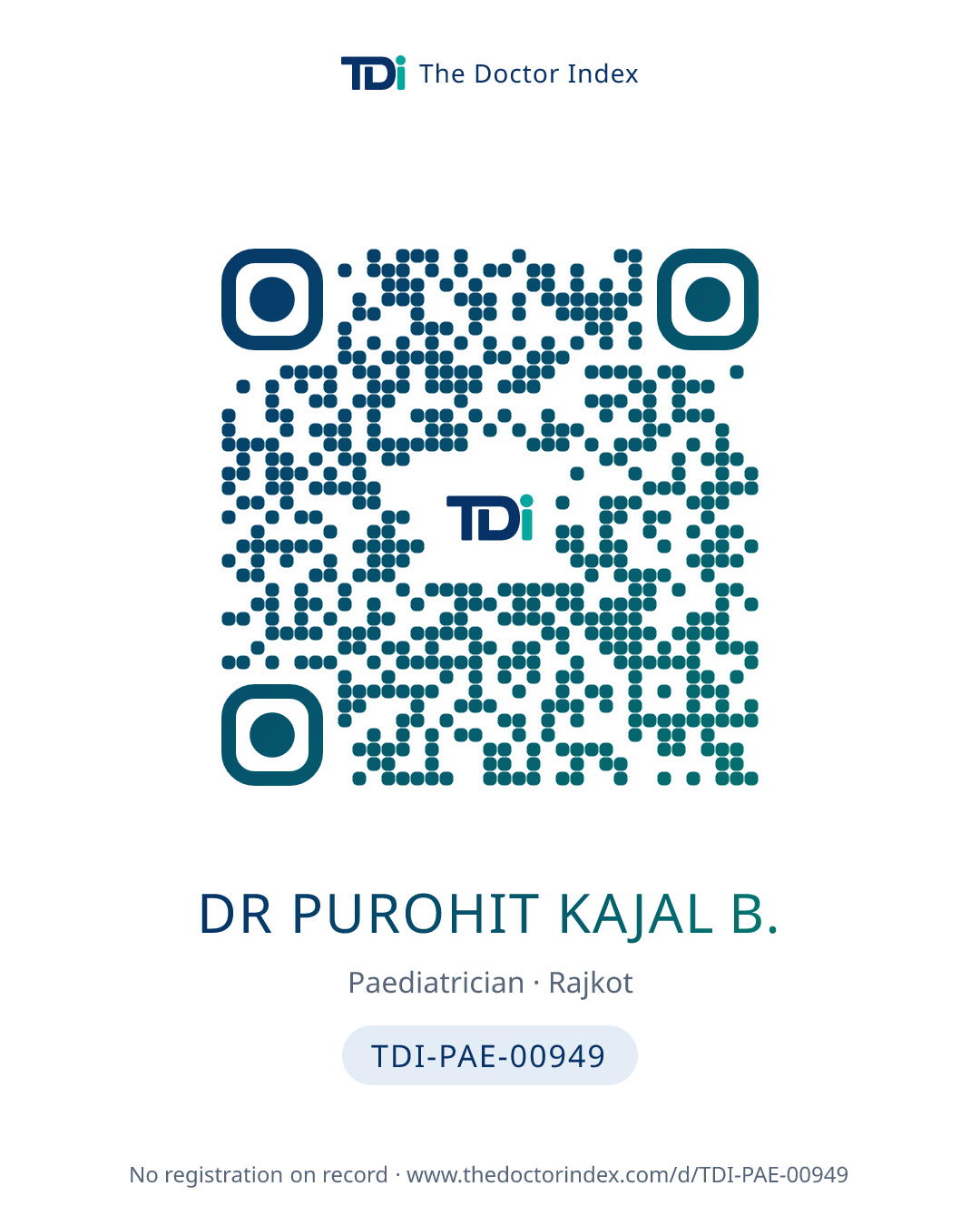 QR card for Dr Purohit Kajal B., TDI-PAE-00949
