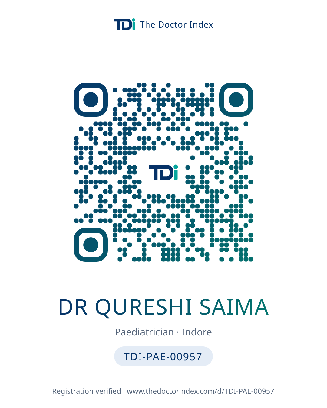 QR card for Dr Qureshi Saima, TDI-PAE-00957