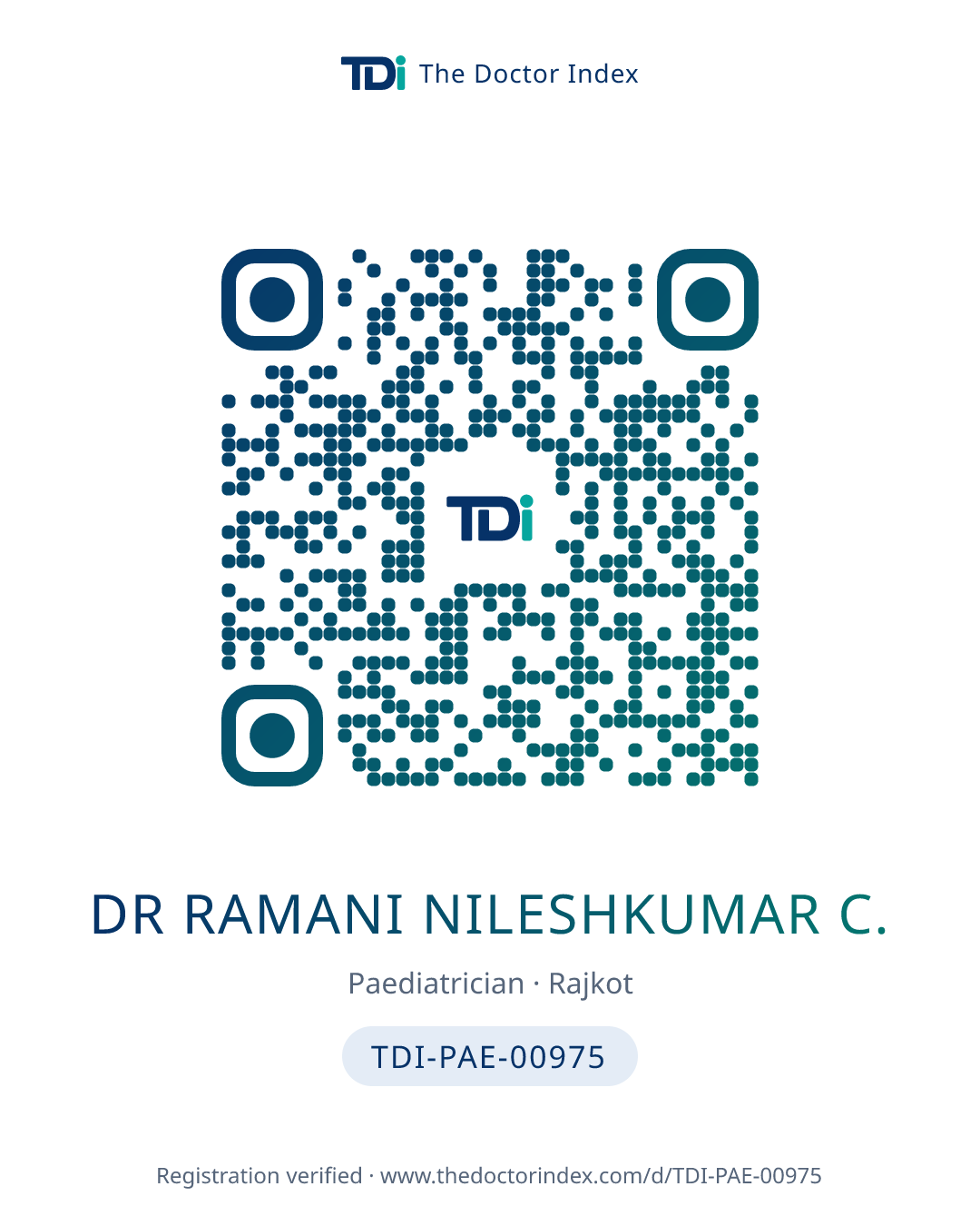 QR card for Dr Ramani Nileshkumar C., TDI-PAE-00975