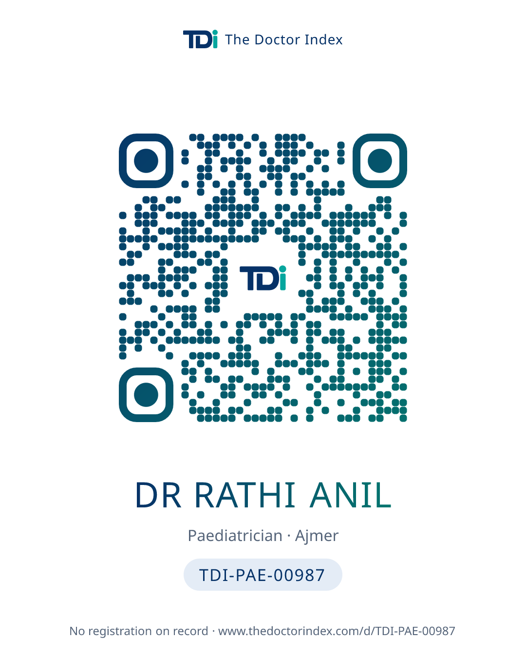QR card for Dr Rathi Anil, TDI-PAE-00987