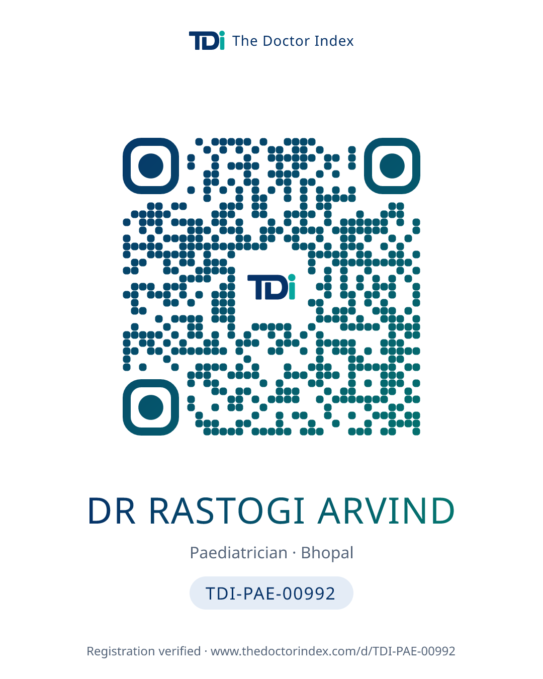 QR card for Dr Rastogi Arvind, TDI-PAE-00992