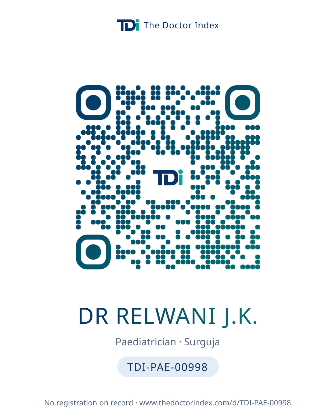 QR card for Dr Relwani J.K., TDI-PAE-00998