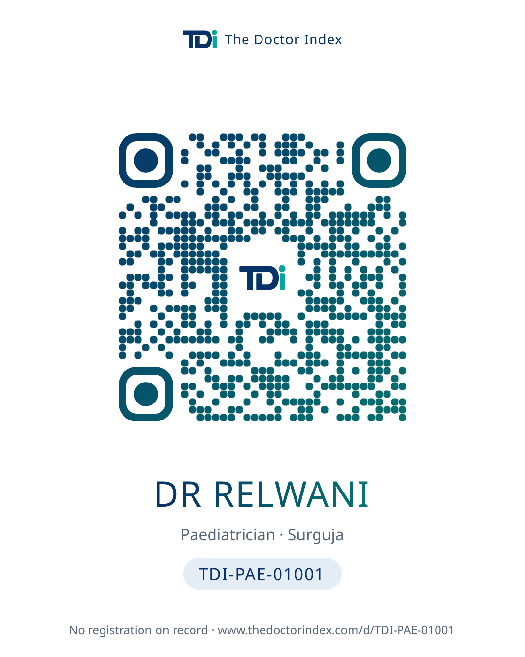 QR card for Dr Relwani, TDI-PAE-01001