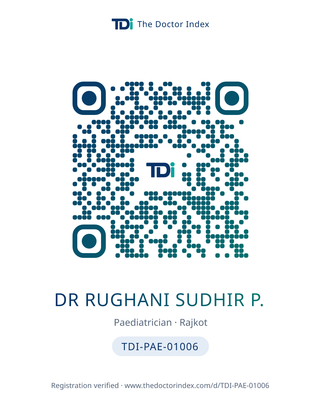 QR card for Dr Rughani Sudhir P., TDI-PAE-01006