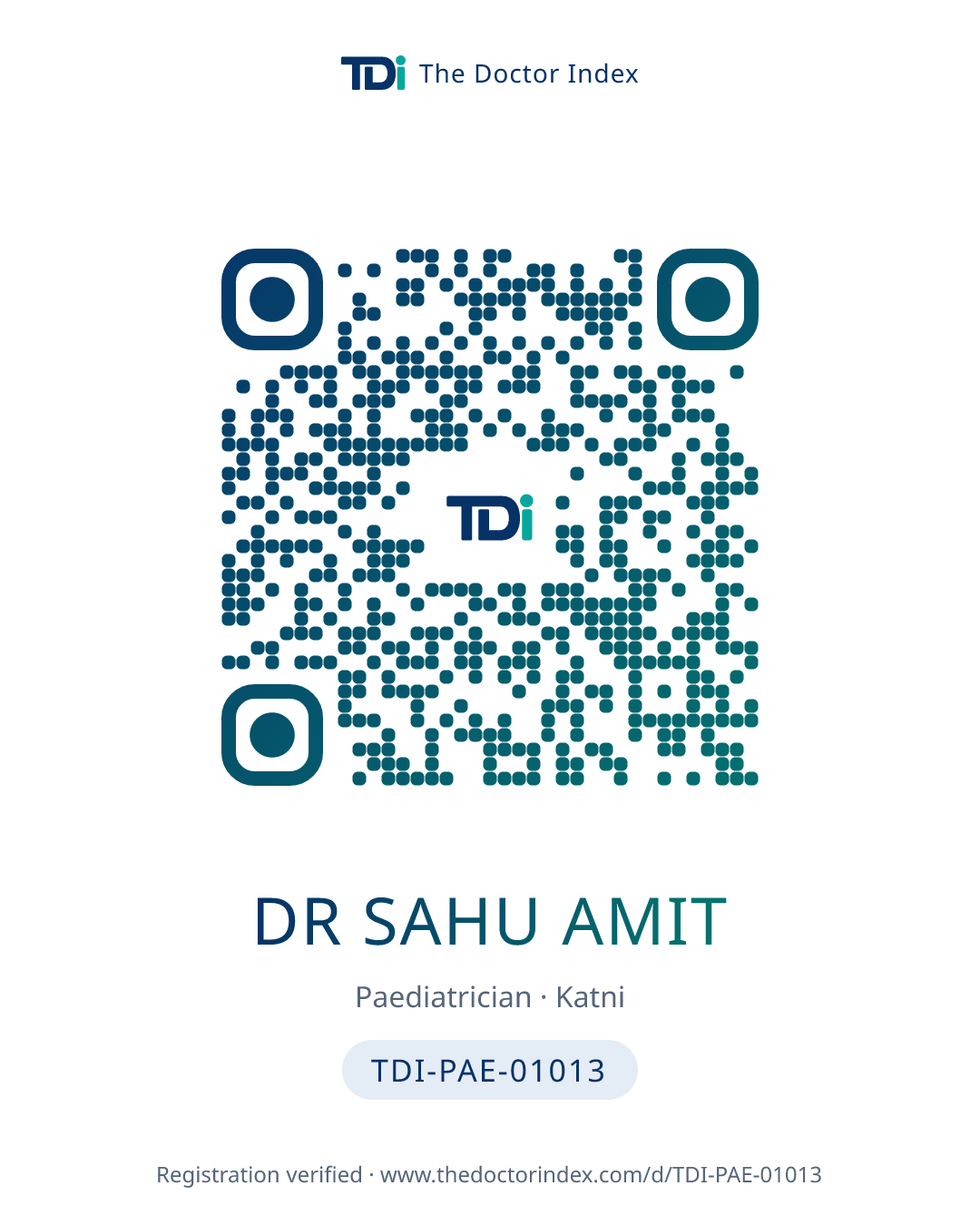 QR card for Dr Sahu Amit, TDI-PAE-01013