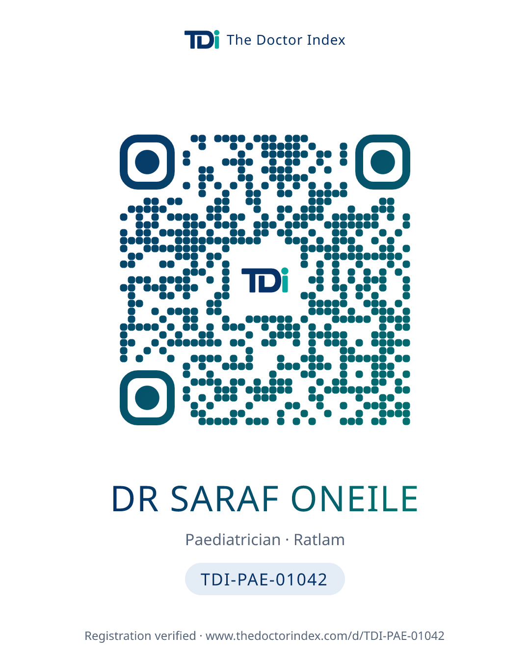 QR card for Dr Saraf Oneile, TDI-PAE-01042