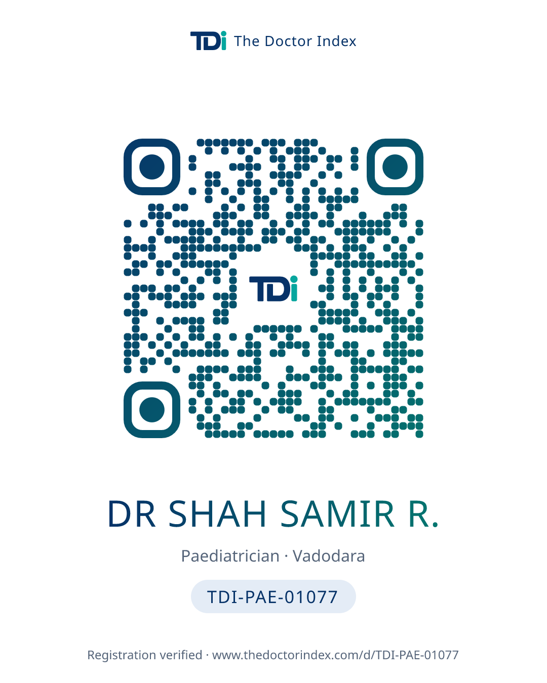 QR card for Dr Shah Samir R., TDI-PAE-01077