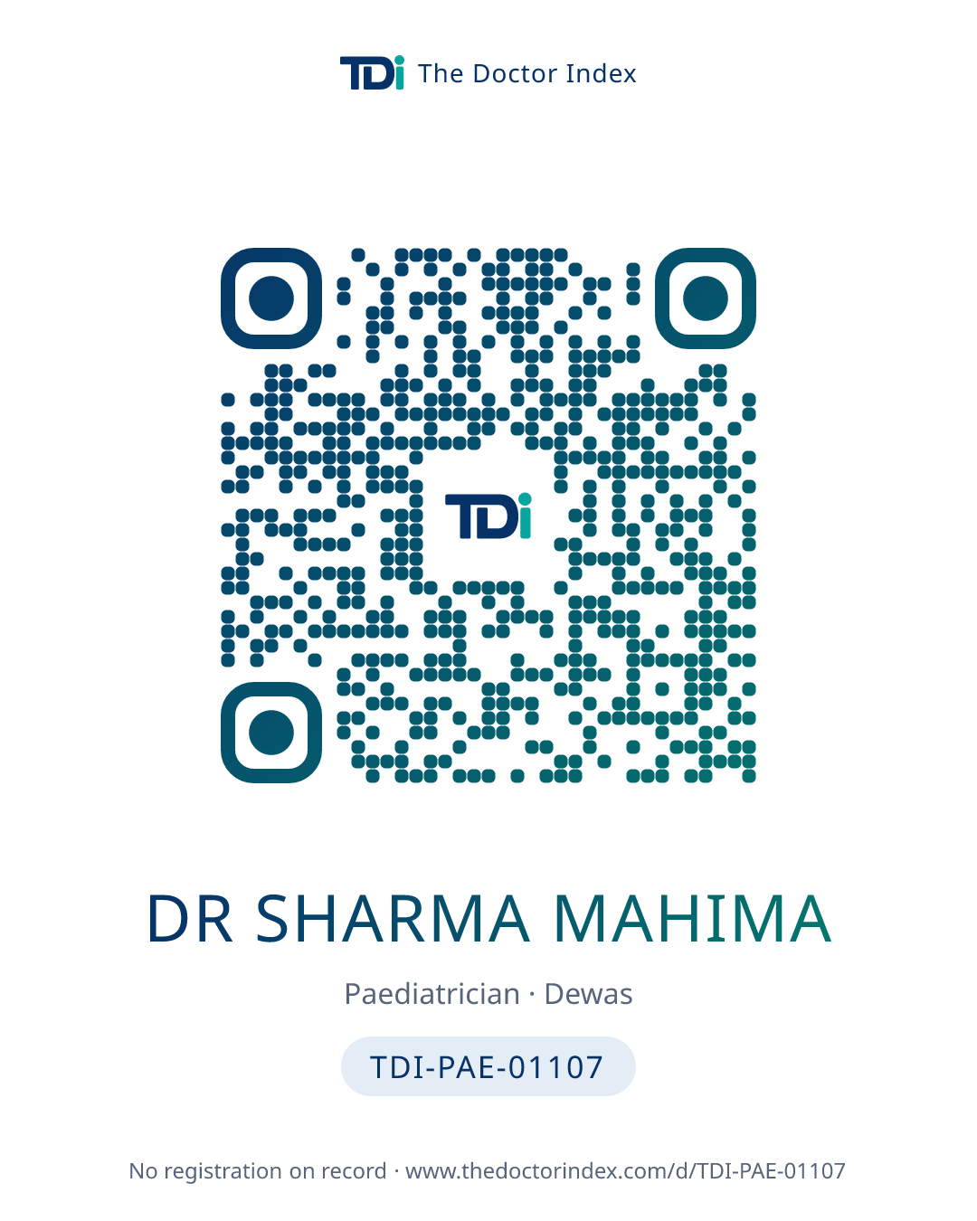 QR card for Dr Sharma Mahima, TDI-PAE-01107