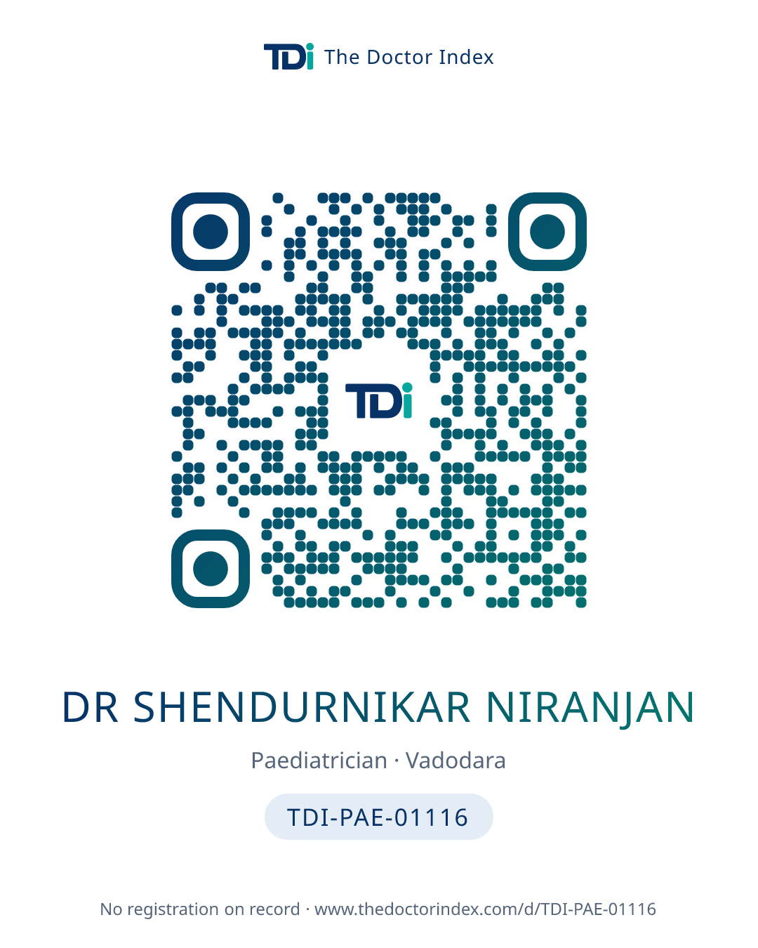 QR card for Dr Shendurnikar Niranjan, TDI-PAE-01116