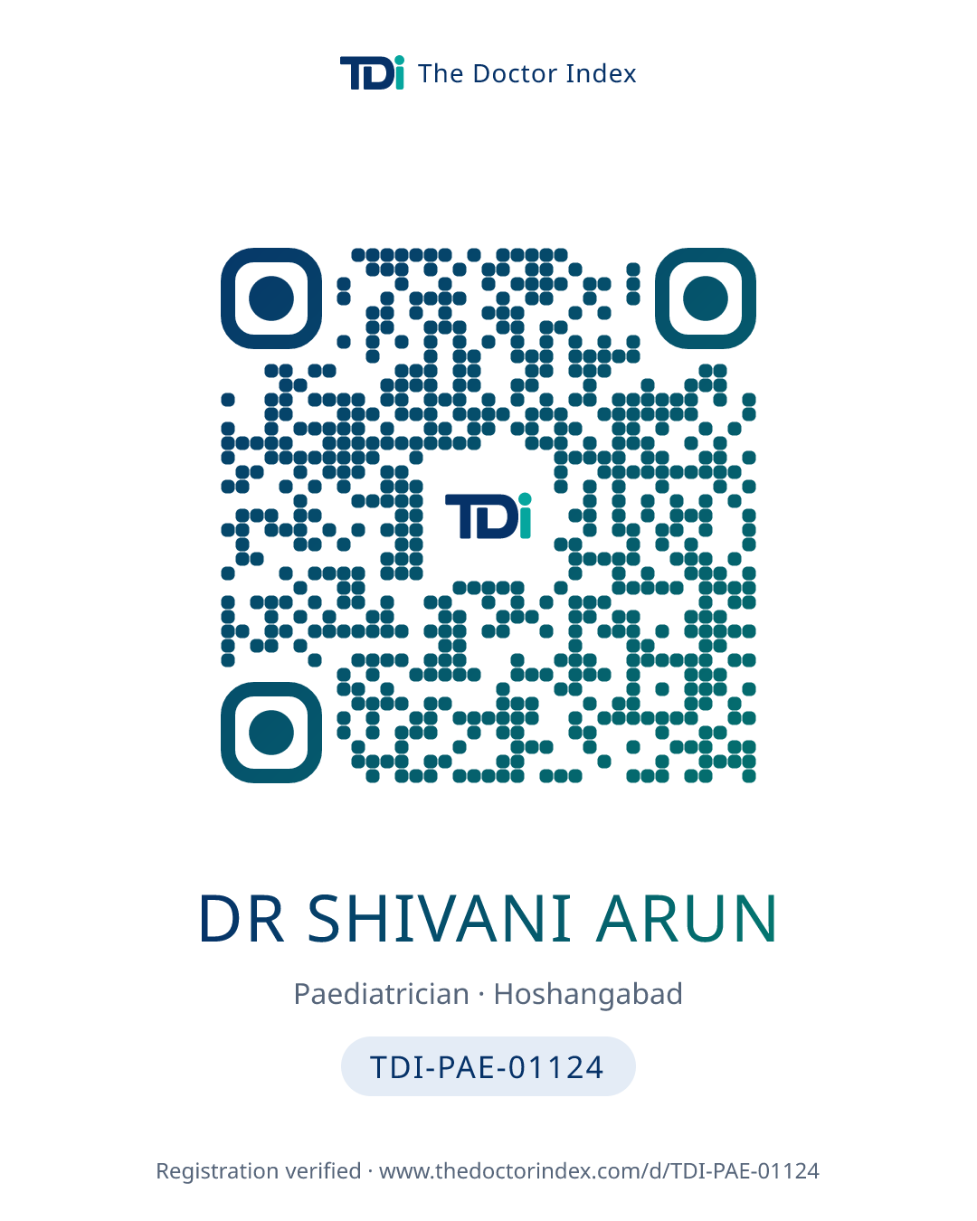 QR card for Dr Shivani Arun, TDI-PAE-01124