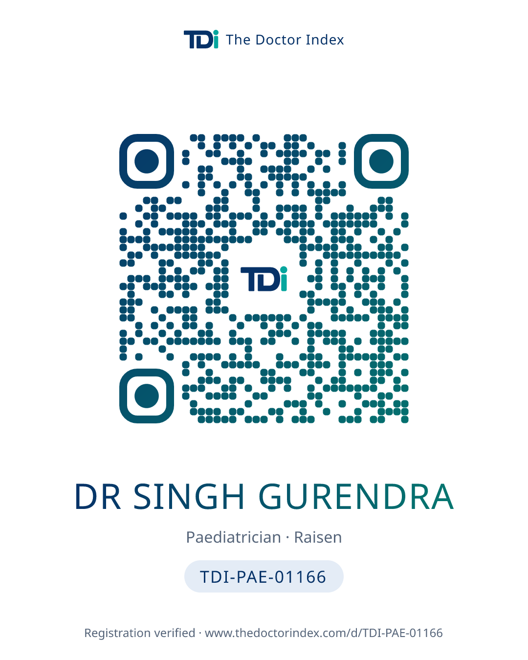 QR card for Dr Singh Gurendra, TDI-PAE-01166