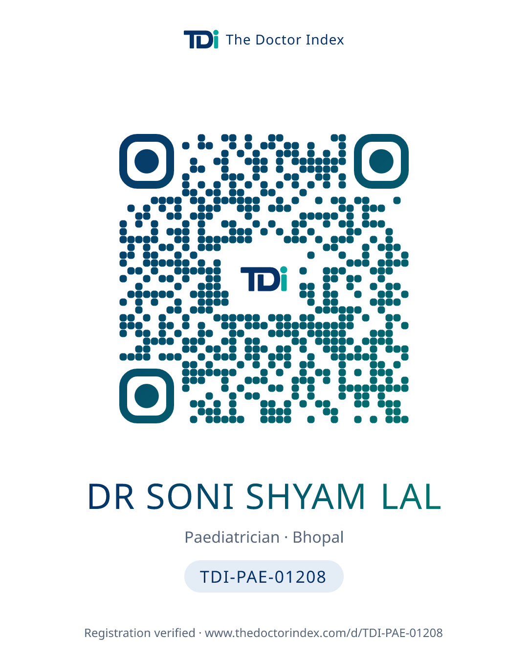 QR card for Dr Soni Shyam Lal, TDI-PAE-01208
