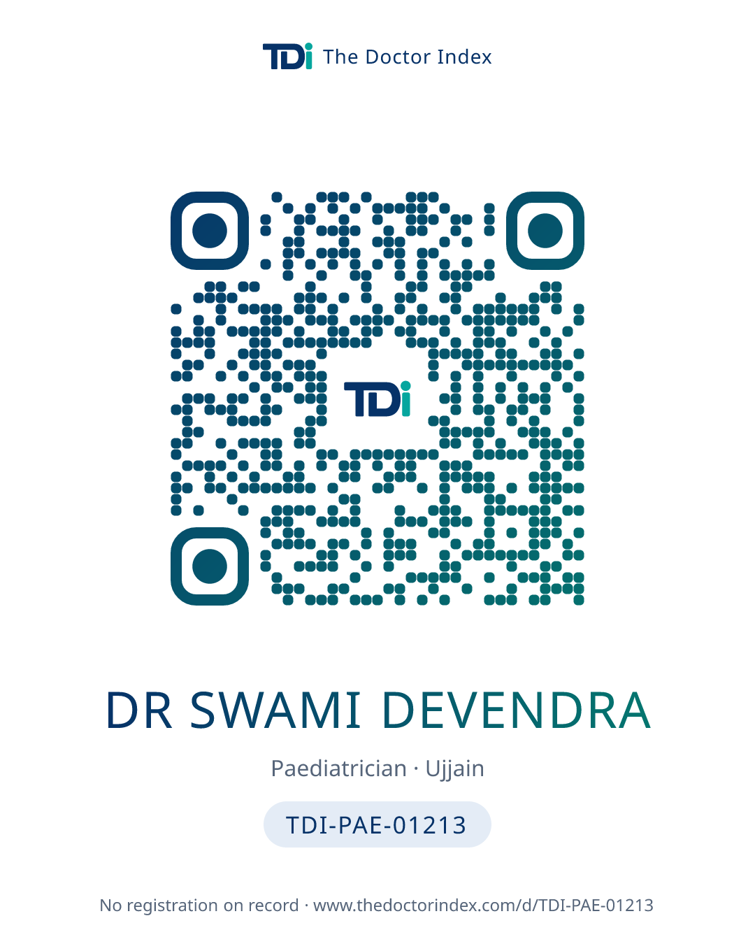 QR card for Dr Swami Devendra, TDI-PAE-01213