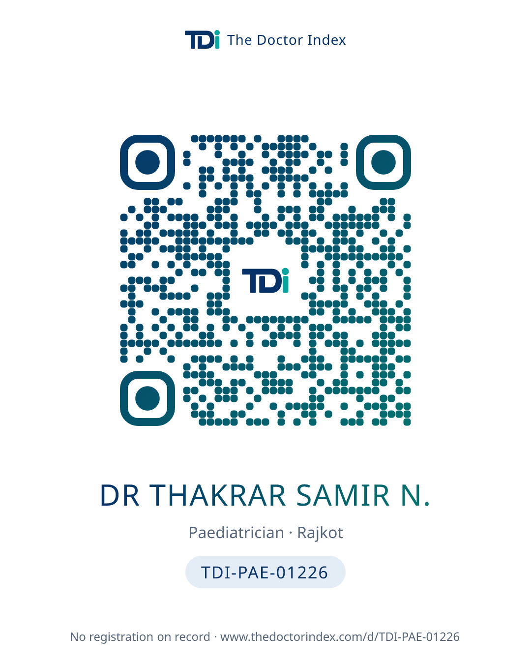 QR card for Dr Thakrar Samir N., TDI-PAE-01226