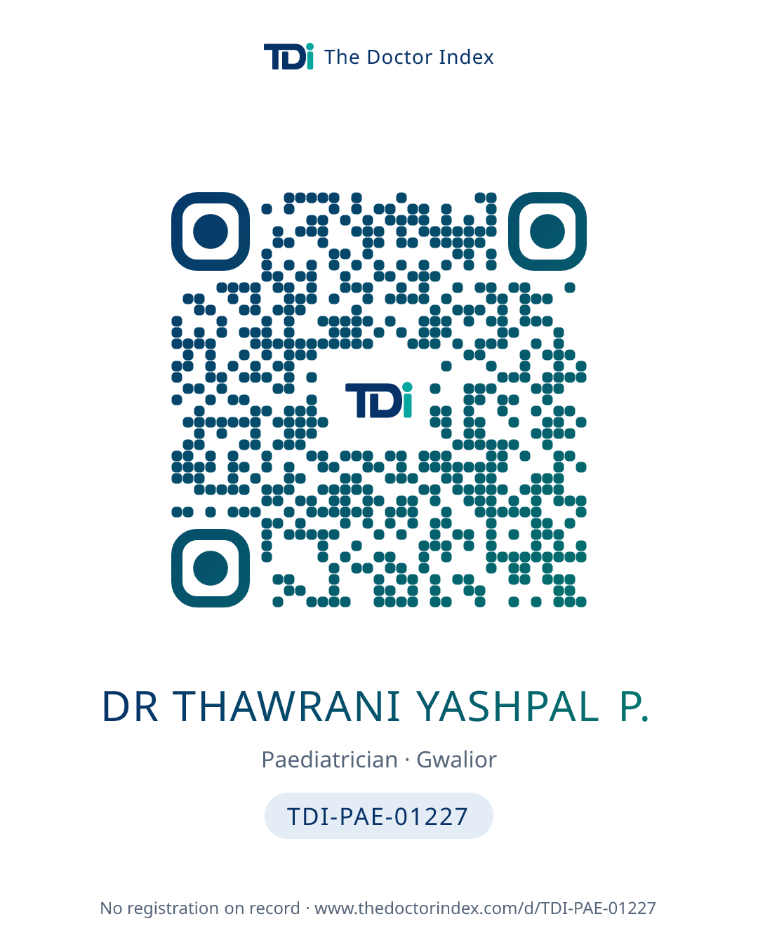QR card for Dr Thawrani Yashpal P., TDI-PAE-01227