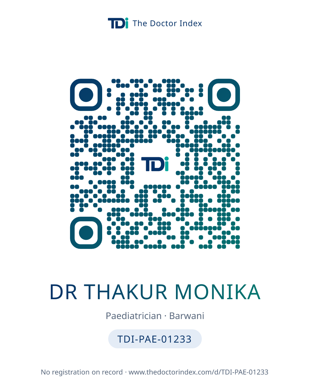 QR card for Dr Thakur Monika, TDI-PAE-01233