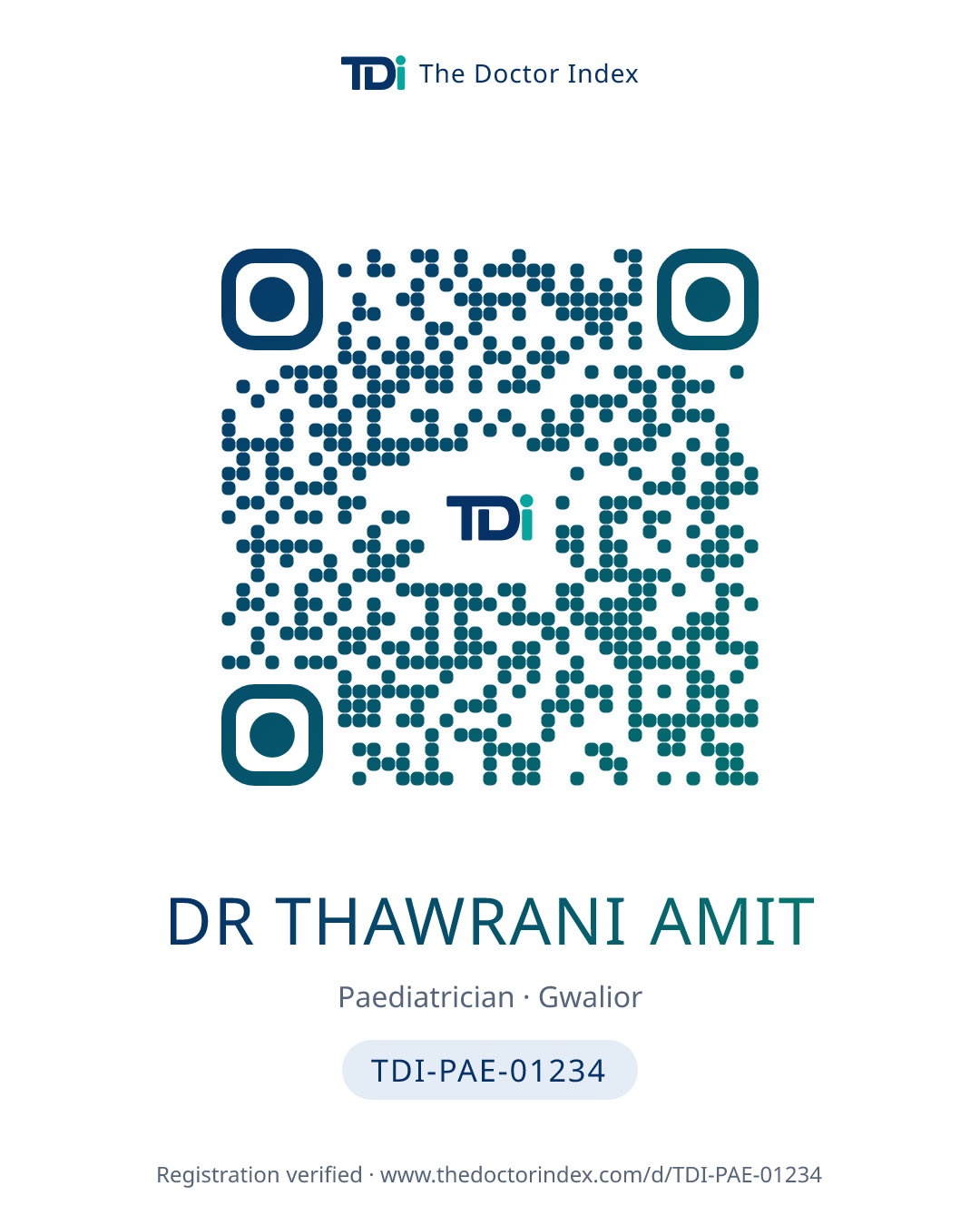 QR card for Dr Thawrani Amit, TDI-PAE-01234