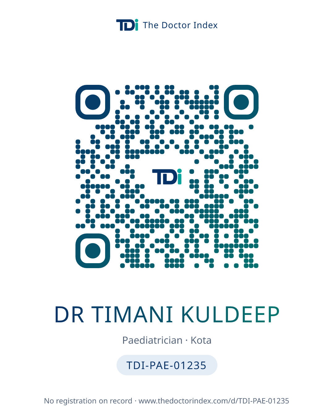 QR card for Dr Timani Kuldeep, TDI-PAE-01235