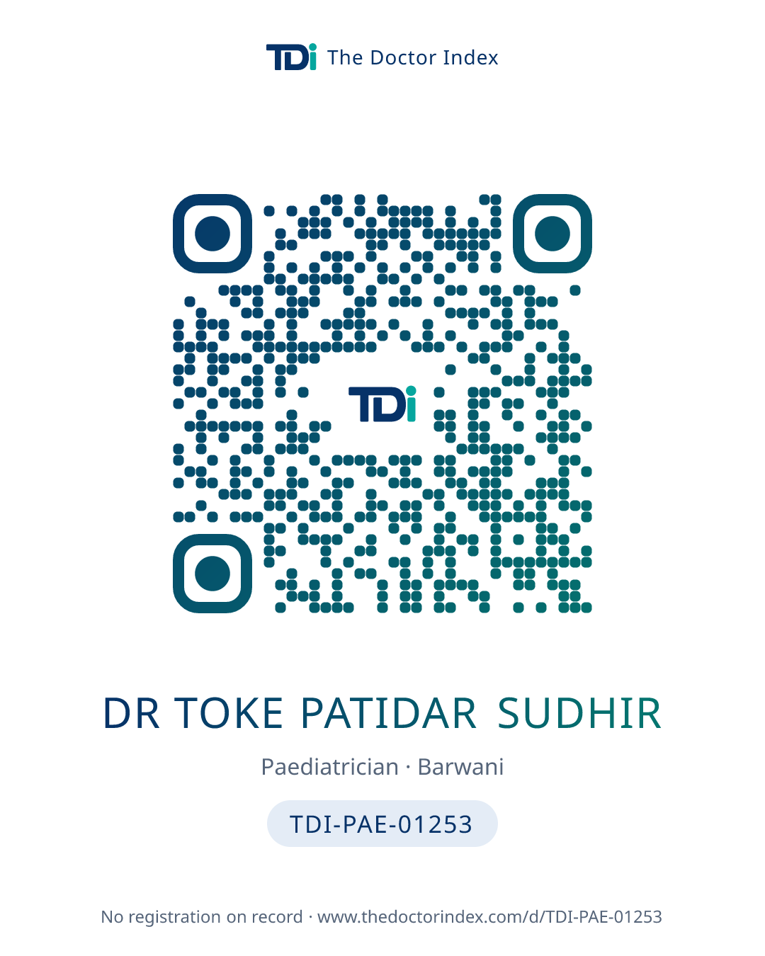 QR card for Dr Toke Patidar Sudhir, TDI-PAE-01253