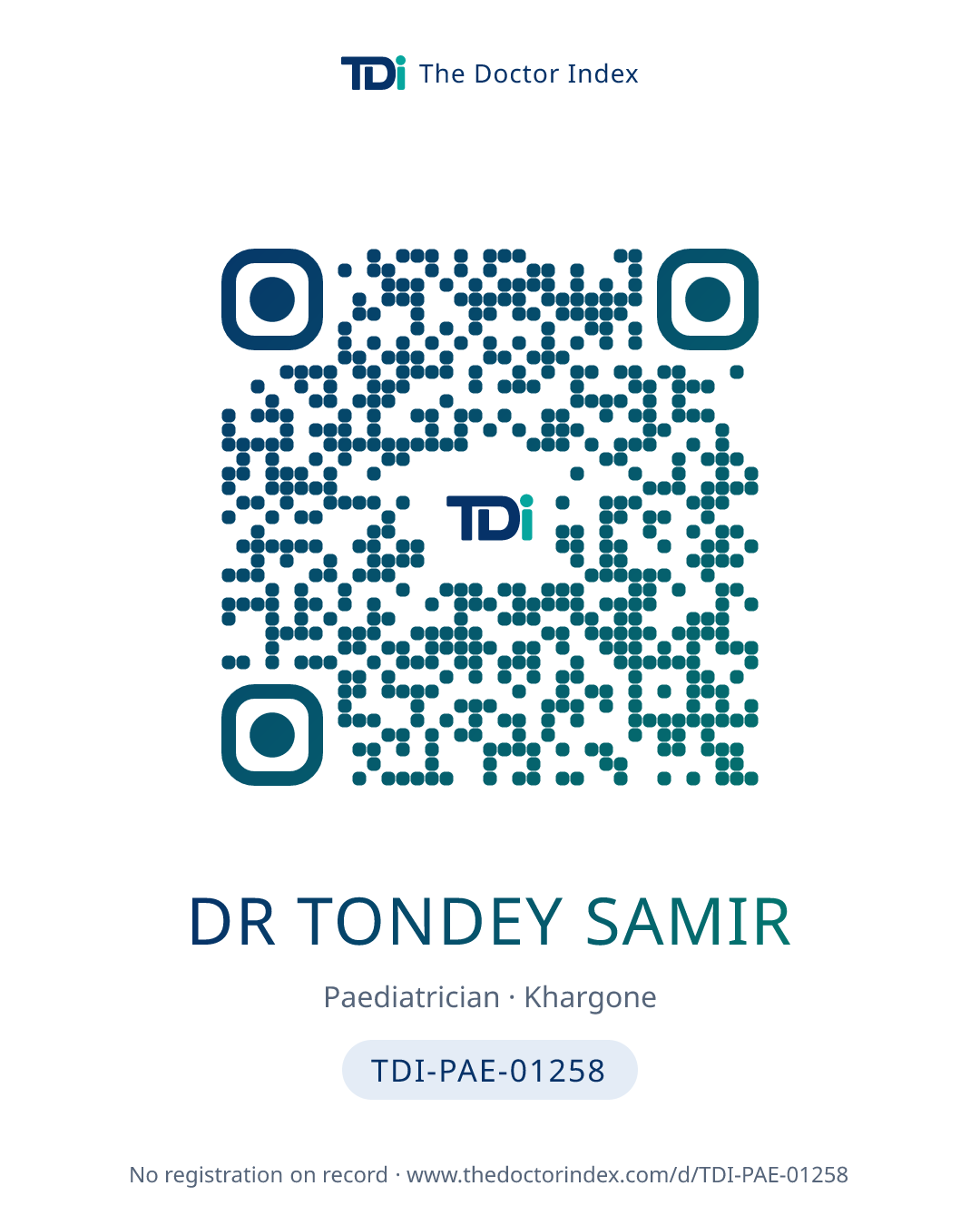 QR card for Dr Tondey Samir, TDI-PAE-01258