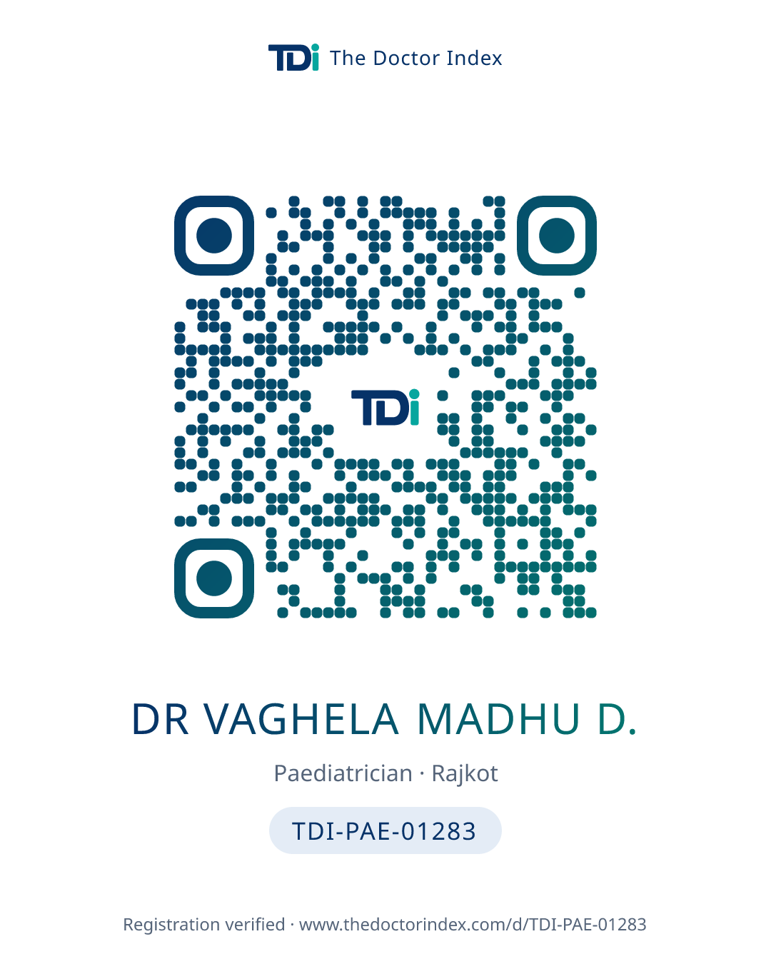QR card for Dr Vaghela Madhu D., TDI-PAE-01283