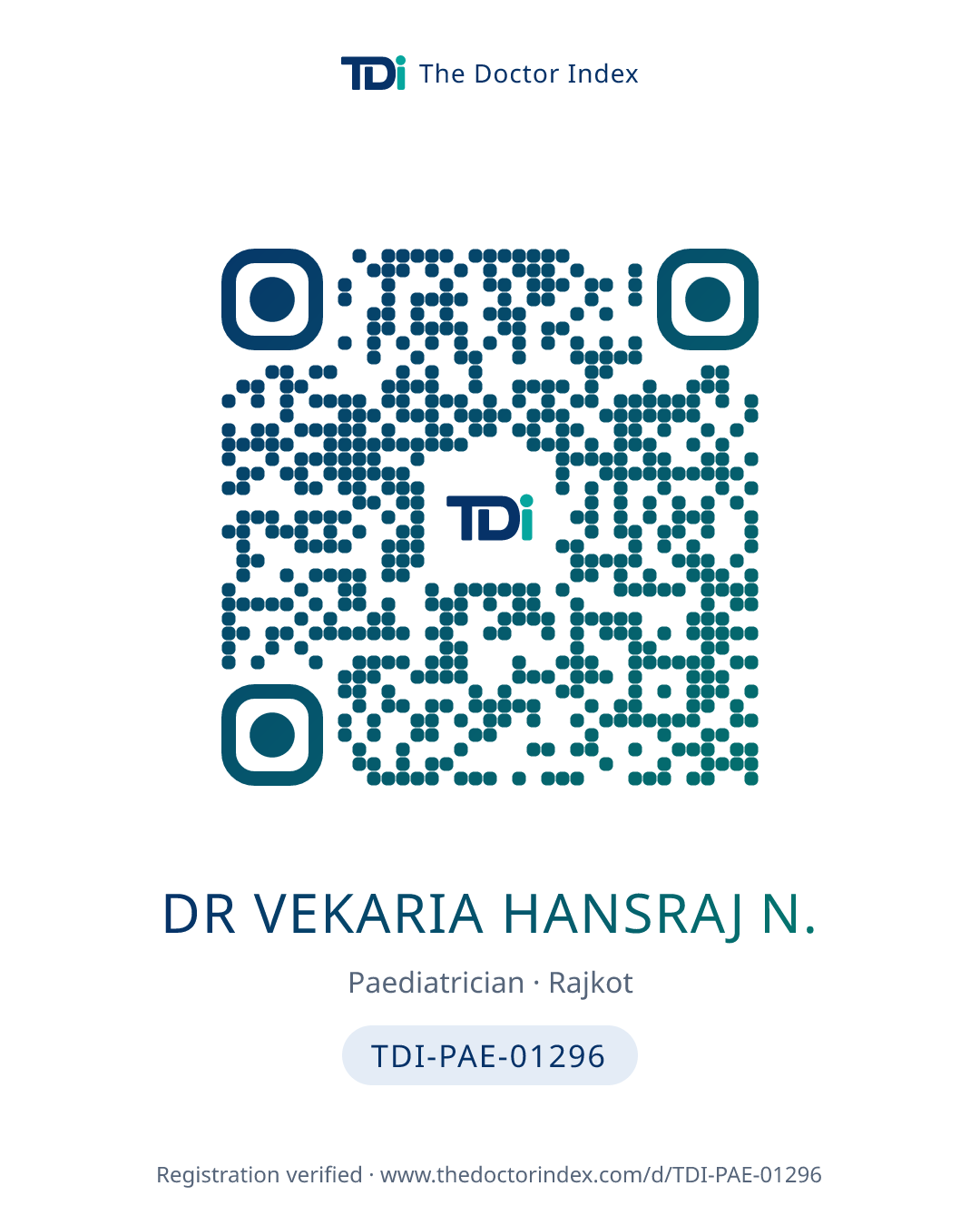 QR card for Dr Vekaria Hansraj N., TDI-PAE-01296