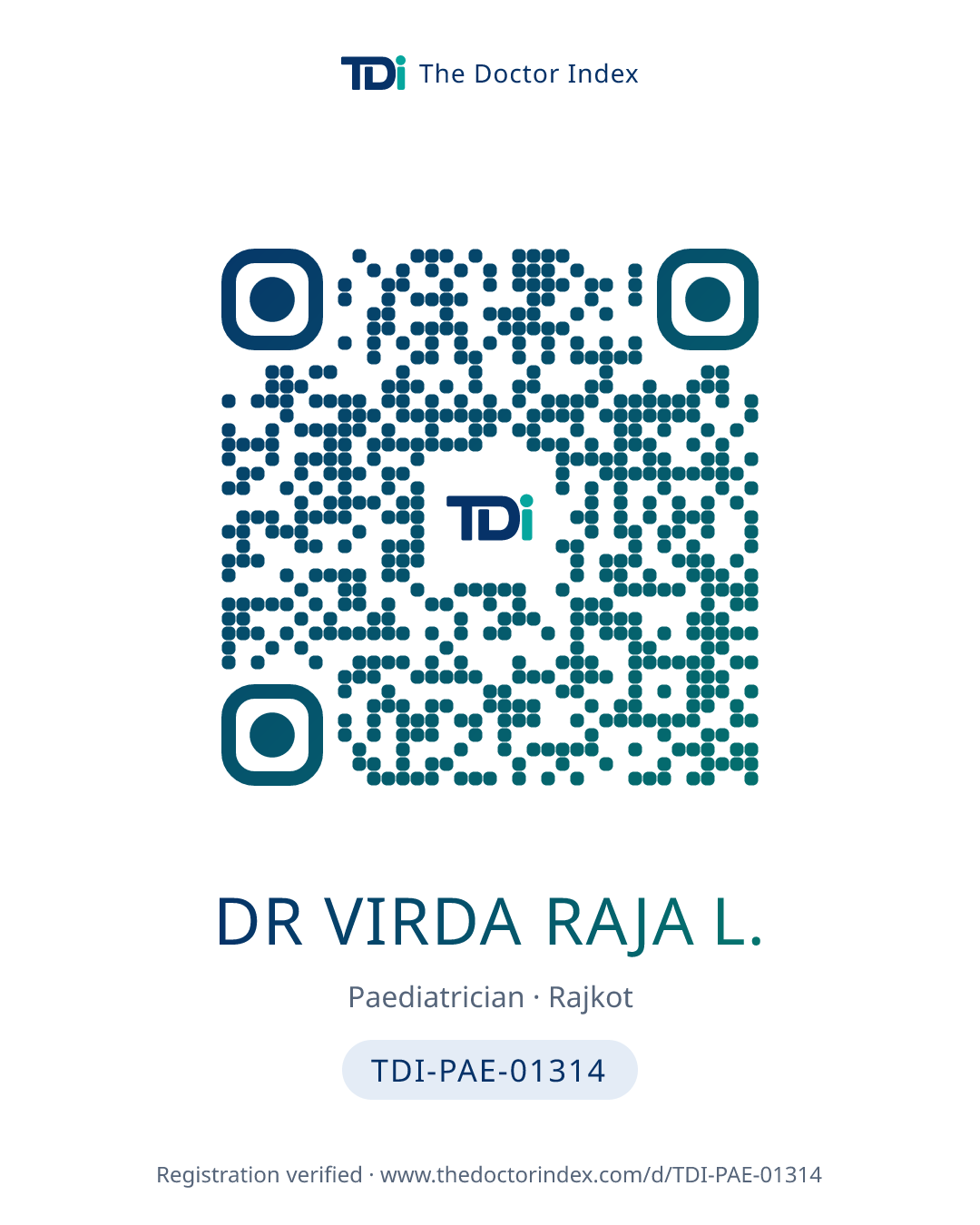 QR card for Dr Virda Raja L., TDI-PAE-01314