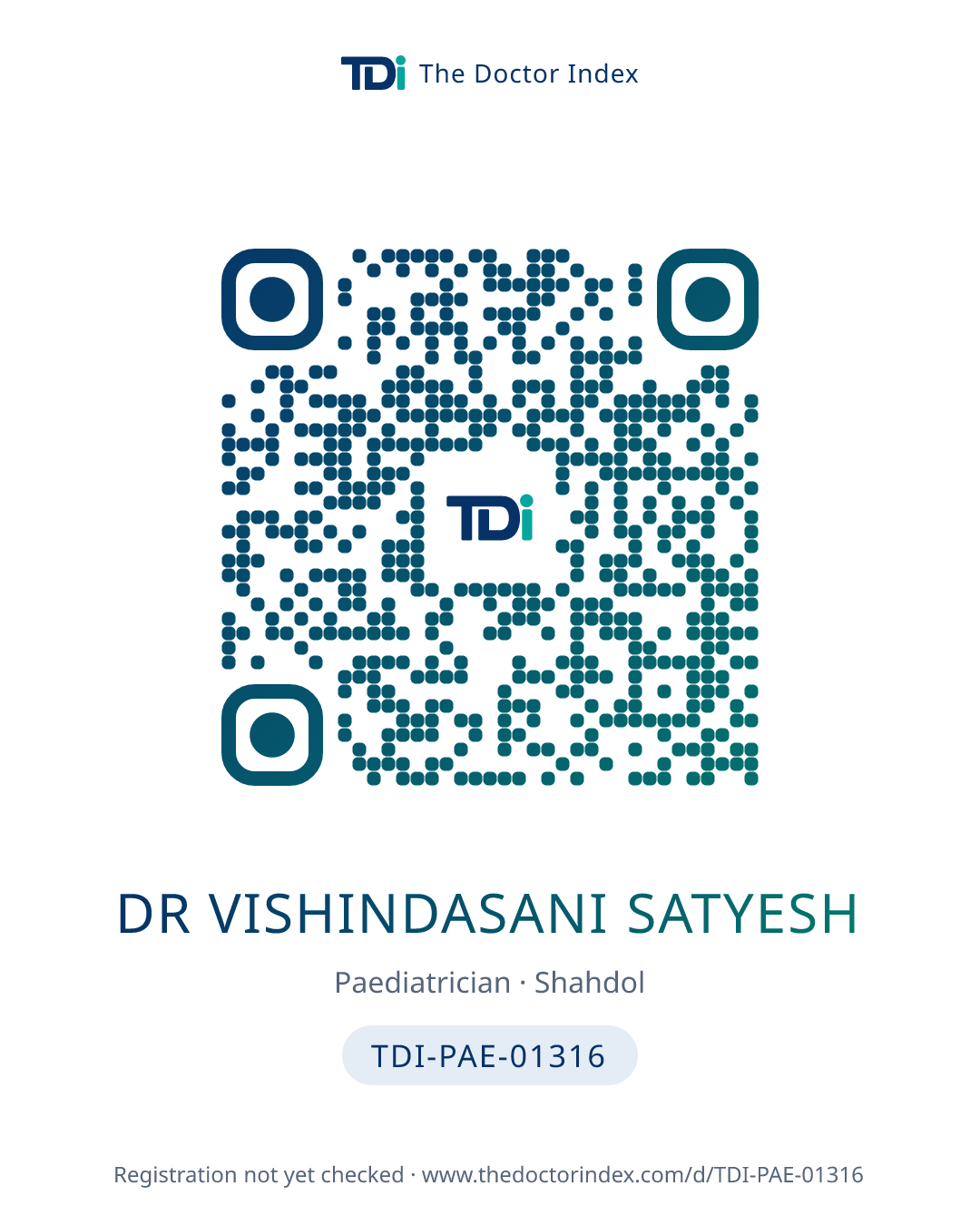 QR card for Dr Vishindasani Satyesh, TDI-PAE-01316