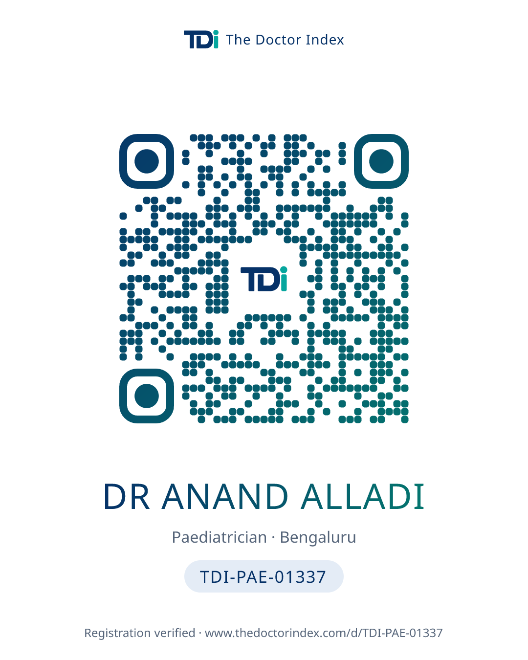 QR card for Dr Anand Alladi, TDI-PAE-01337