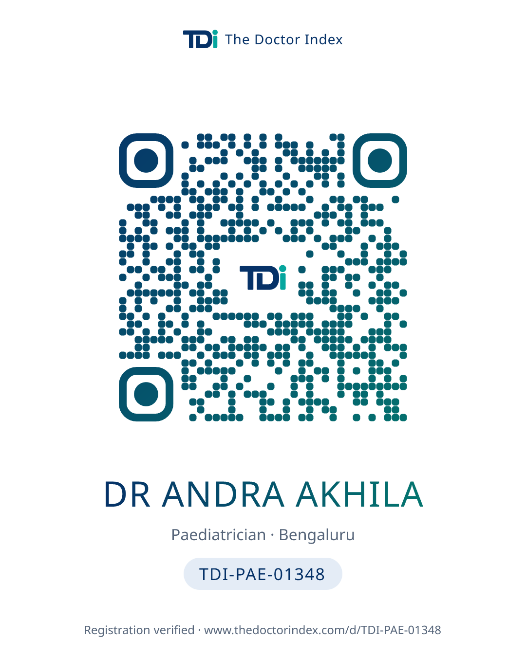 QR card for Dr Andra Akhila, TDI-PAE-01348
