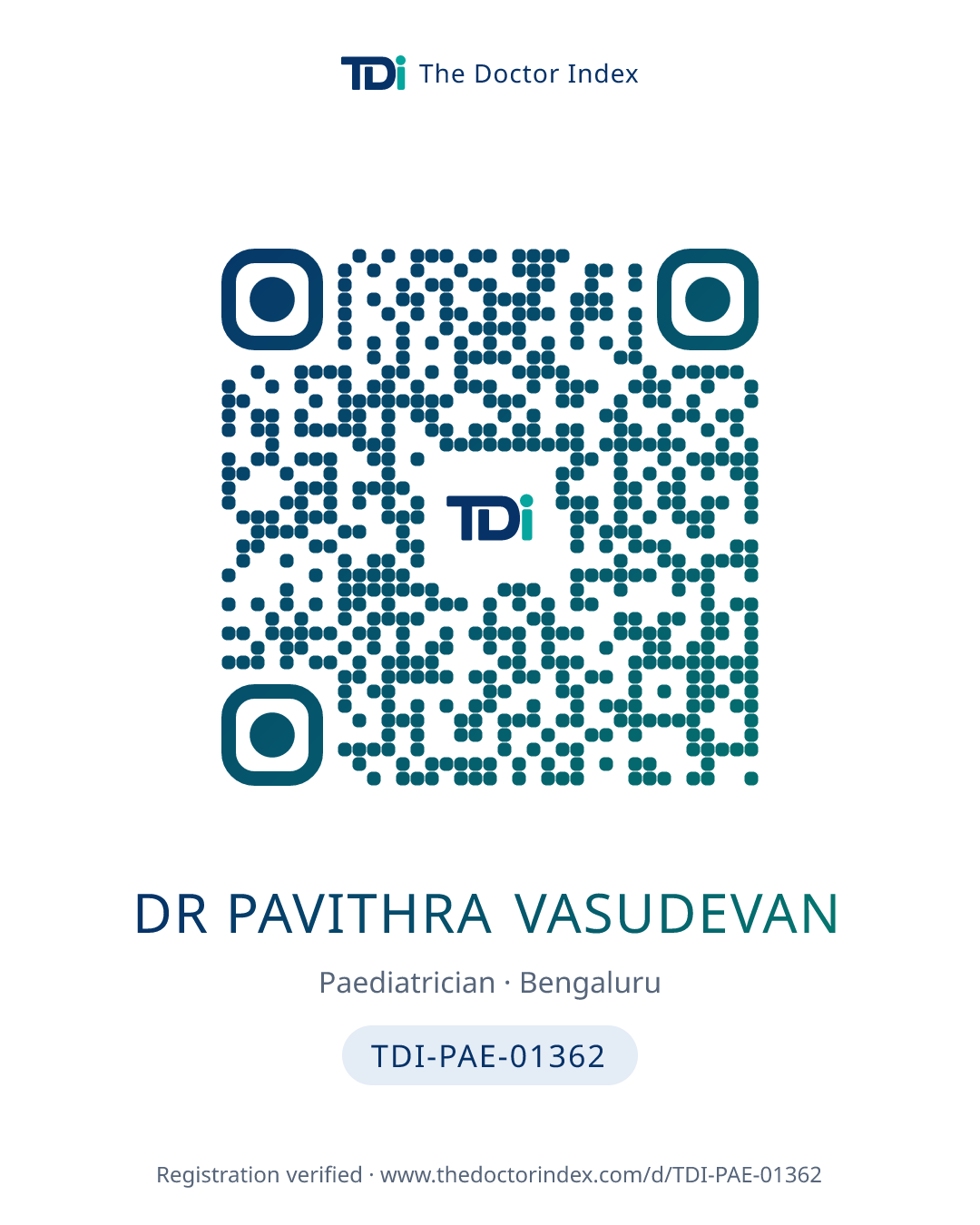 QR card for Dr Pavithra Vasudevan, TDI-PAE-01362